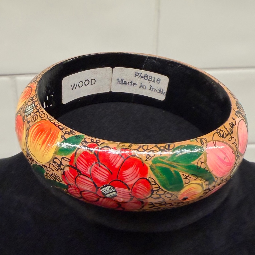 Vintage Hand Painted Lacquered Wood Flowers Black Pink Bangle Bracelet India